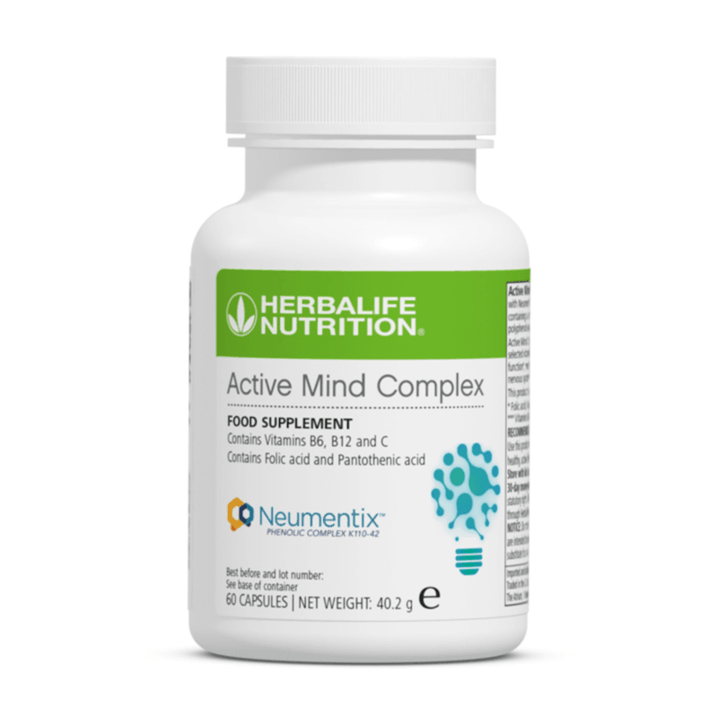 Active Mind Complex 60 tablets by Herbalife Nutrition, a food supplement with vitamins B6, B12, C, folic acid, and Pantothenic acid.