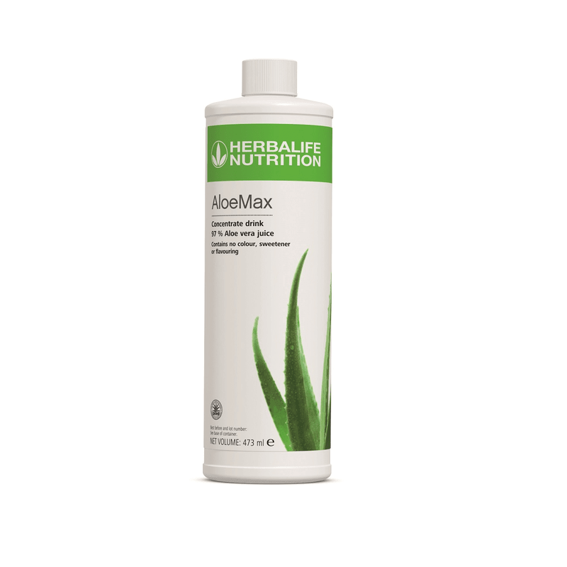 AloeMax: Premium Aloe Vera Juice - 97% Pure, No Additives. From Our Farm to Your Glass! in a 473 mL bottle.