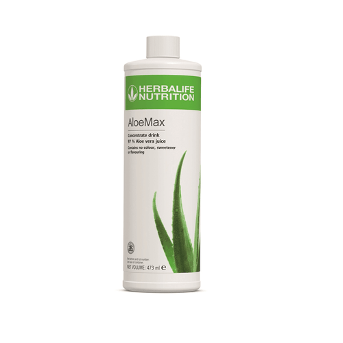 AloeMax: Premium Aloe Vera Juice - 97% Pure, No Additives. From Our Farm to Your Glass! in a 473 mL bottle.