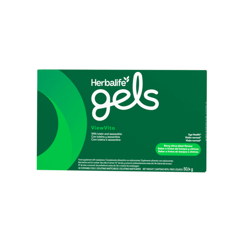 Herbalife Gels ViewVita Berry Citrus Blast chewable gel supplement packaging with Lutein and Zeaxanthin for eye health.