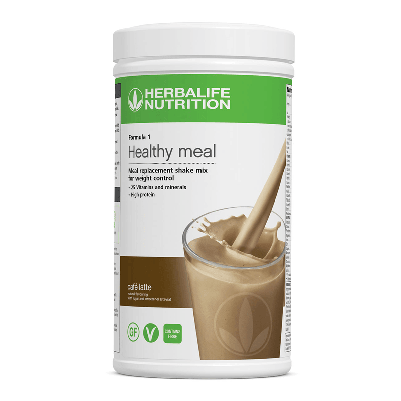 Formula 1 Nutritional Shake Mix in Café Latte flavor, 550 g canister, providing high protein and essential micronutrients.