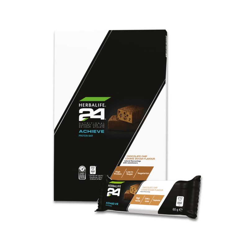 H24 Achieve Protein Bars Chocolate Chip Cookie Dough box and single bar, high protein snack for athletes.