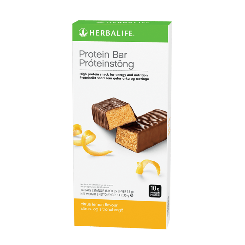 Herbalife Protein Bars in Citrus Lemon flavour, 14 bars per box, high protein snack with 10g protein per bar.