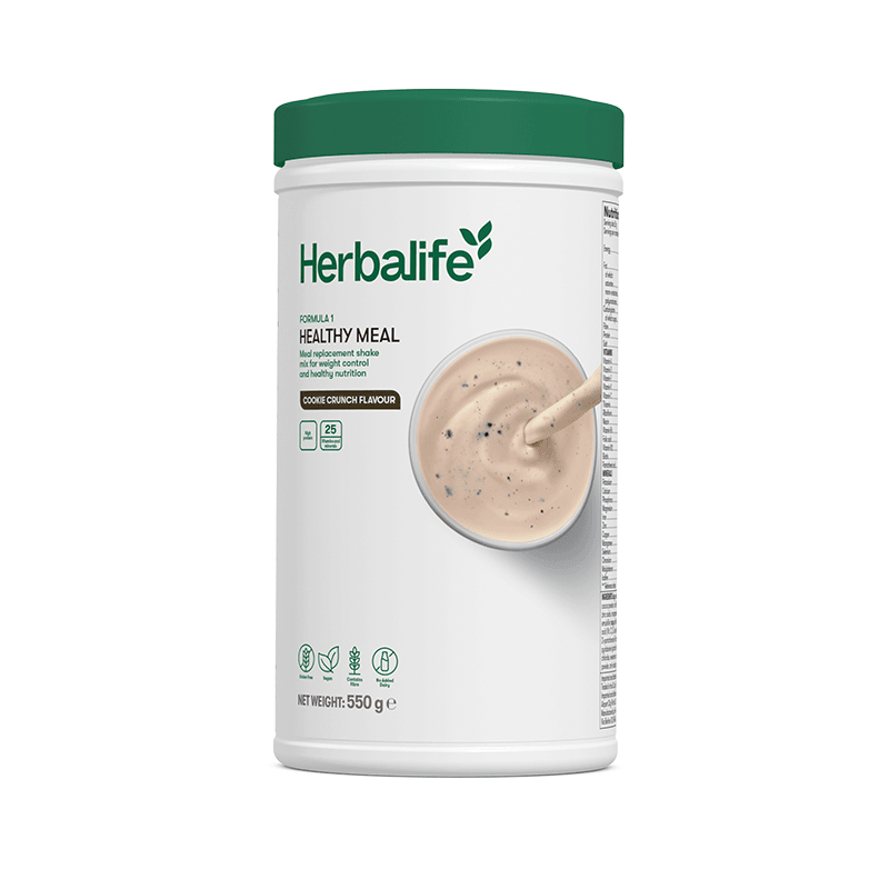 Formula 1 Nutritional Shake Mix by Herbalife in Cookie Crunch flavour, 550 g container with creamy shake texture.