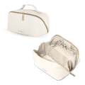 Stylish Makeup Pouch in sleek, textured vegan leather with a spacious interior and gold zip closure.