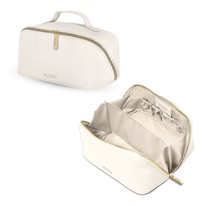 Stylish Makeup Pouch in sleek, textured vegan leather with a spacious interior and gold zip closure.