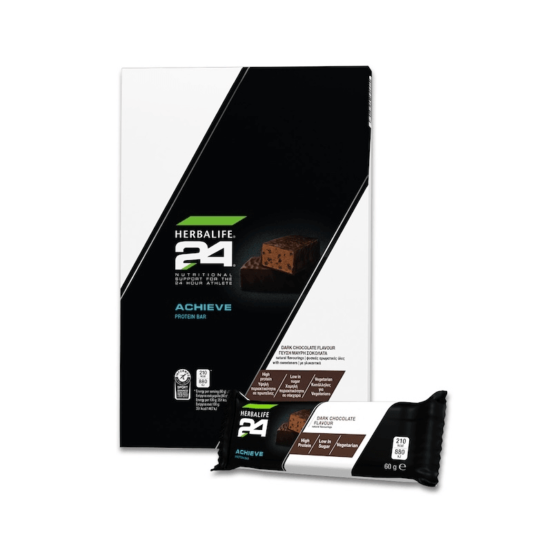 H24 Achieve Protein Bars Chocolate Chip Cookie Dough box and bar image with dark chocolate flavor, 21g protein per bar.