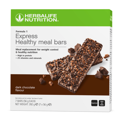 Formula 1 Express Healthy Meal Bars box with dark chocolate flavour, high in protein, containing 7 bars for nutritious meal replacement.