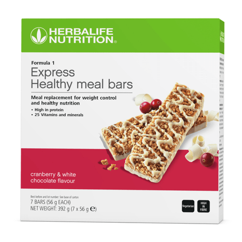 Formula 1 Express Healthy Meal Bars Cranberry & White packaging with meal replacement bars rich in protein and vitamins.