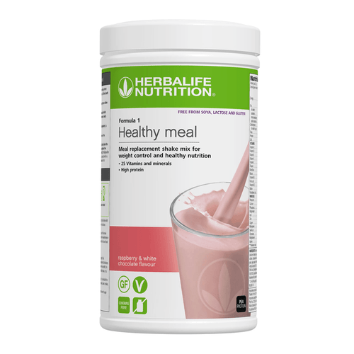 Formula 1 Free From Raspberry and White Chocolate shake mix in a container with a glass of shake.