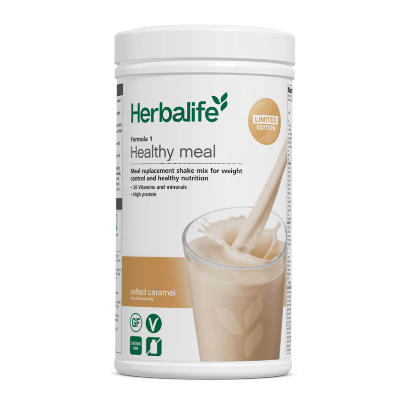 Formula 1 Limited Edition Salted Caramel meal replacement shake in container with nutritional information and high protein.