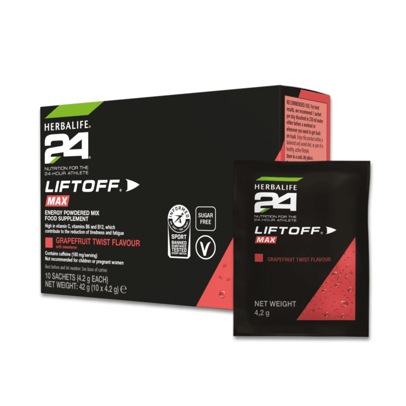 LiftOff Max Grapefruit Twist energy drink sachets packaging with vitamin details and sugar-free label