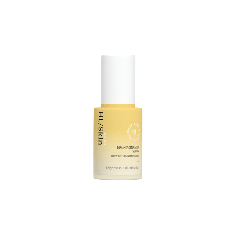 HL Skin 10% Niacinamide Serum in a bright yellow bottle for boosting radiance and even skin tone, 30 ml.