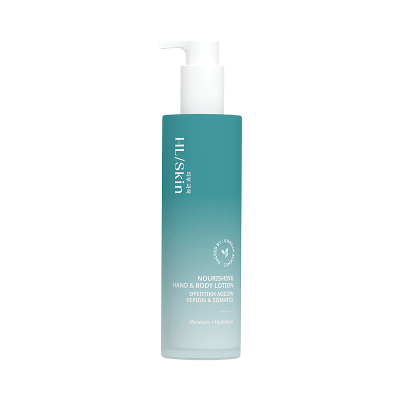 HL/Skin Nourishing Hand & Body Lotion in a light blue bottle, 147 ml, for moisture and hydration.