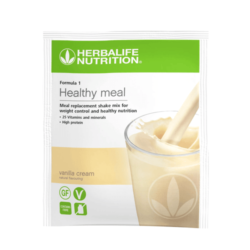 Formula 1 Nutritional Shake Mix Sachets Cookie Crunch Pack vanilla cream flavor with detailed nutritional benefits.