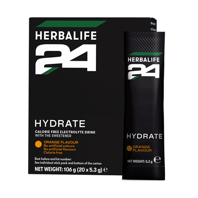 Herbalife24 Hydrate Orange Boost packaging with calorie free electrolyte drink and orange flavour stick packs.
