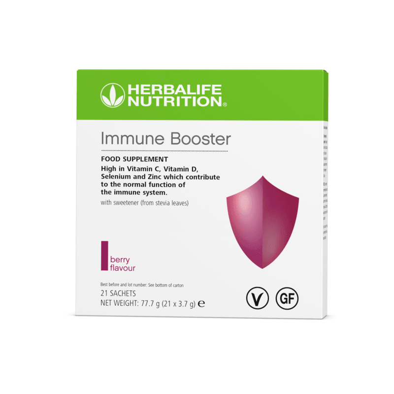 Immune Booster product packaging featuring berry flavour with vitamins and minerals for immune system support.