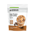 High Protein Iced Coffee drink mix in Latte Macchiato flavour, packed with ice and coffee beans.