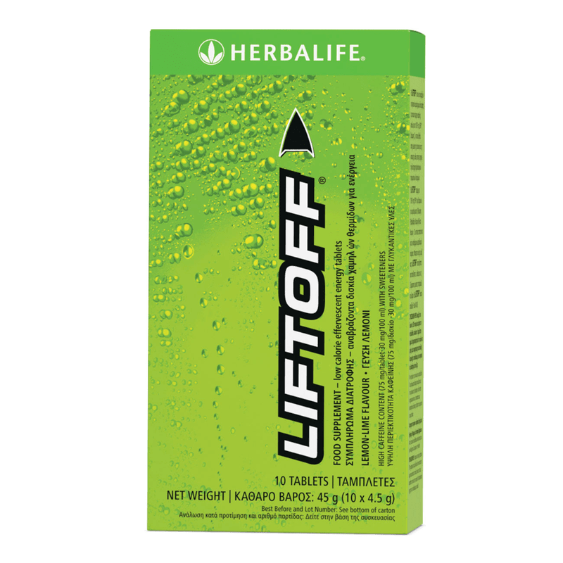 LiftOff Effervescent Energy Drink box featuring lemon-lime flavor, 10 tablets, low calorie, and high caffeine for energy.