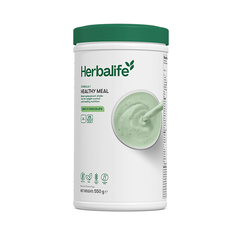 Formula 1 Nutritional Shake Mix in Mint & Chocolate flavor, 550g container with a creamy shake texture.