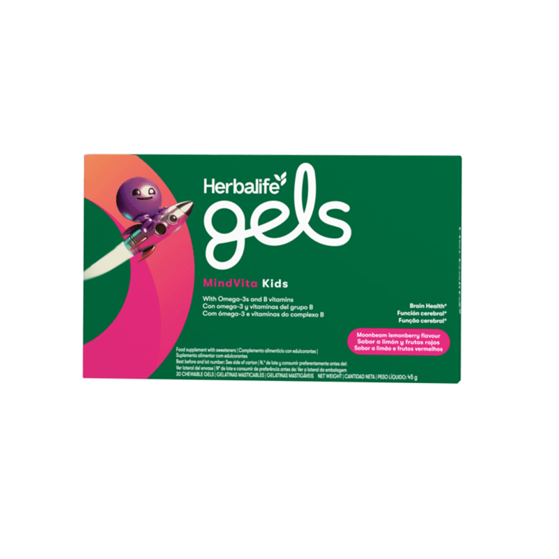 Herbalife Gels MindVita Kids Moonbeam Lemonberry, chewable gel supplement with omega-3s and B vitamins for children.