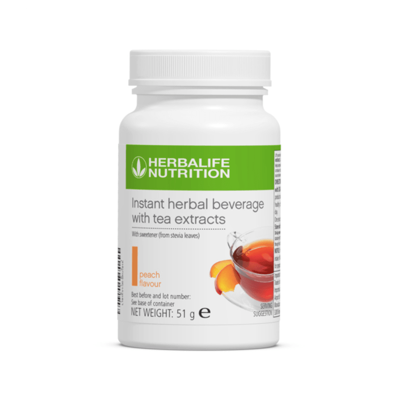Instant Herbal Beverage with peach flavour in a 51 g container, a refreshing low-calorie drink infused with tea extracts.