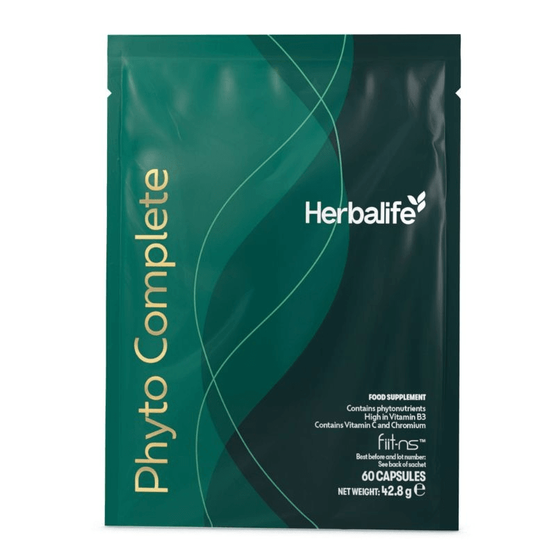 Phyto Complete Sachet food supplement pack from Herbalife with vitamins B3 and C for reducing fatigue.