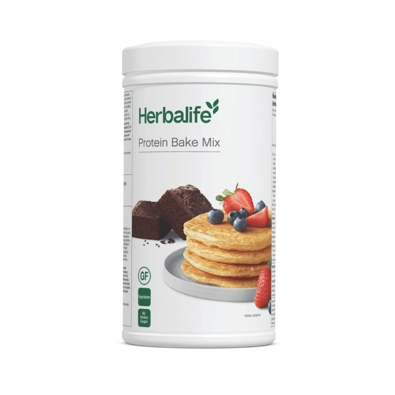 Herbalife Protein Bake Mix container with pancakes and brownies, a nutritious protein snack for baking.