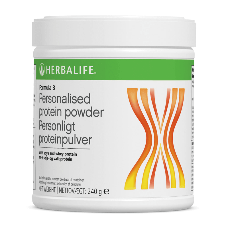 Protein Powder Formula 3 Personalised Protein Powder container, 240g, rich in soy and whey protein for muscle support.