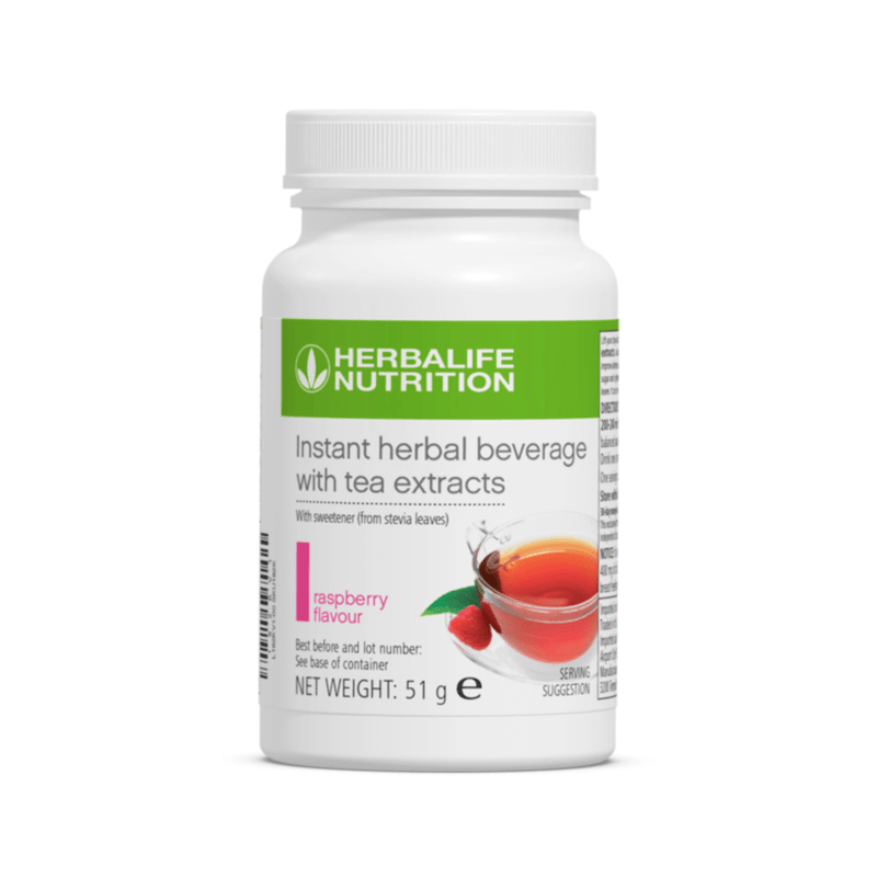 Instant Herbal Beverage in raspberry flavour, 51 g size, featuring green and black tea extracts for refreshment.