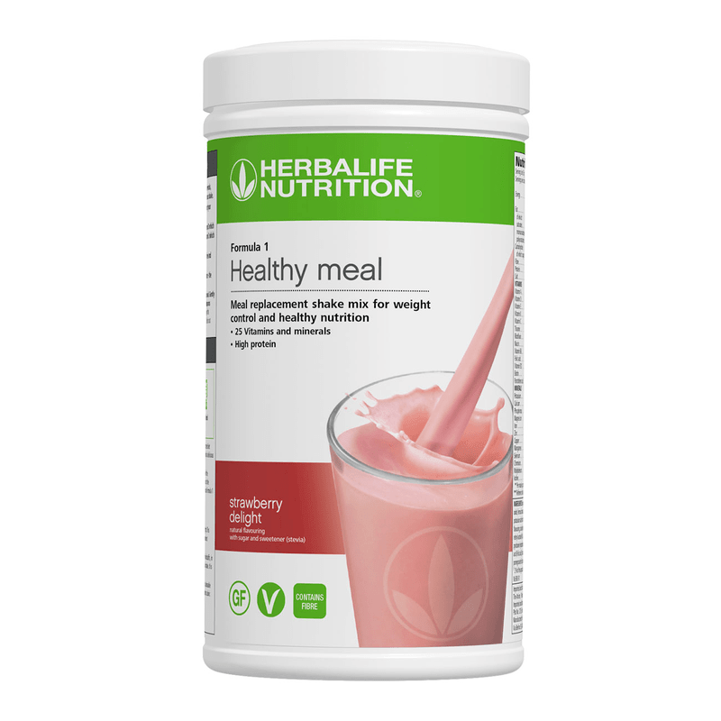 Formula 1 Nutritional Shake Mix Strawberry Delight flavor in a container, ideal for meal replacement and healthy nutrition.