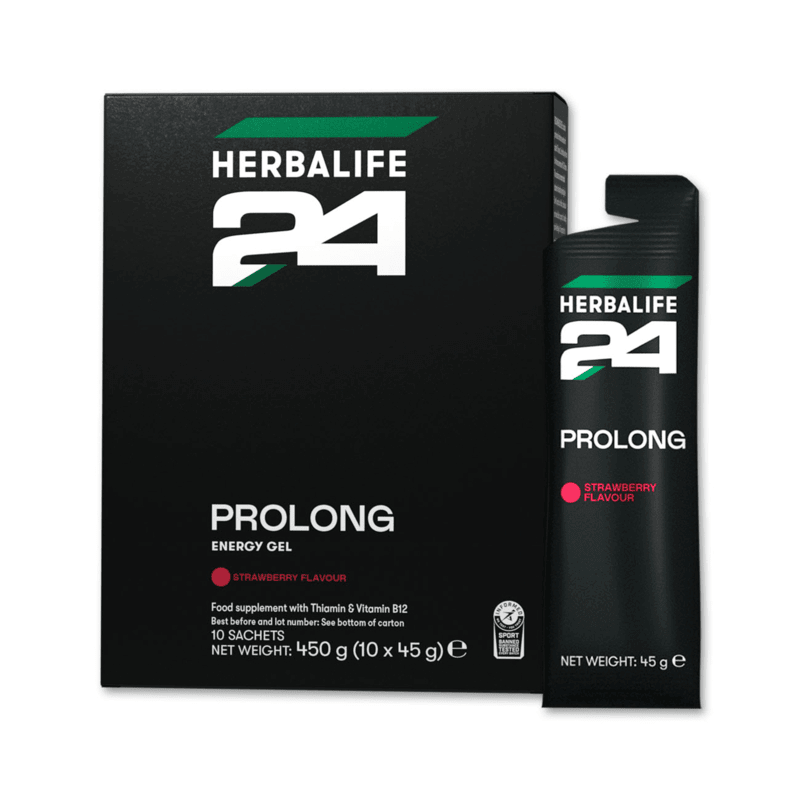 Herbalife24 Prolong Energy Gels in strawberry flavor, 10 sachets packaging for optimized workout performance.