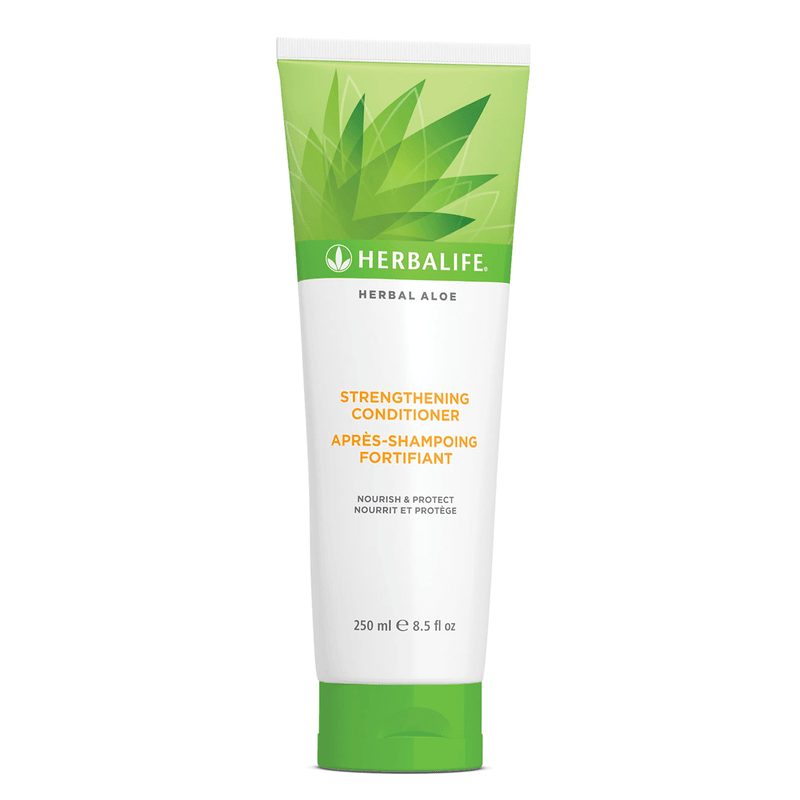 Herbal Aloe Strengthening Conditioner 250 ml tube with aloe vera design, nourishes and protects hair for softness.