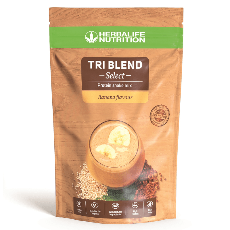 Tri Blend Select - Protein shake mix in banana flavour with quinoa and flax seeds, 600g bag from Herbalife Nutrition.