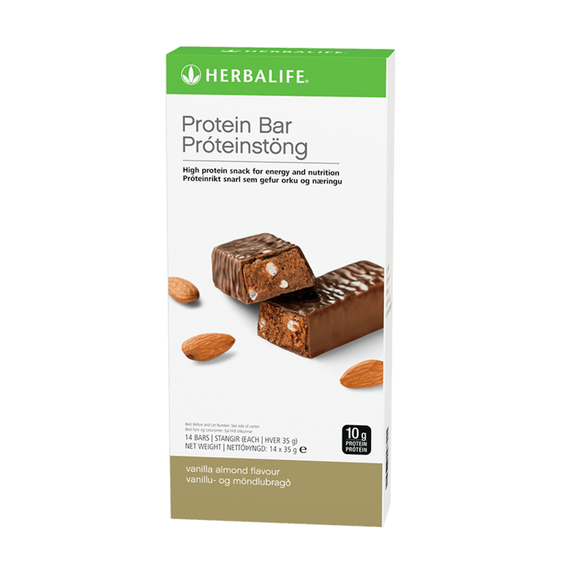 Herbalife Protein Bars in vanilla almond flavour, 14 bars per box, high protein snack with 10g protein per bar.