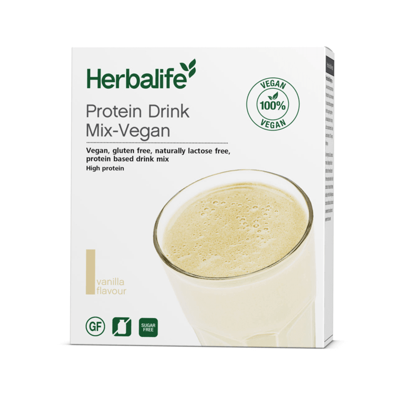 Vegan Protein Drink Mix Sachets by Herbalife, gluten-free, sugar-free, creamy vanilla flavor in a pack of 7 sachets.