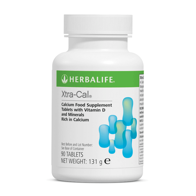Xtra-Cal 90 tablets bottle packaging, calcium food supplement with vitamin D, supports healthy bones and teeth.