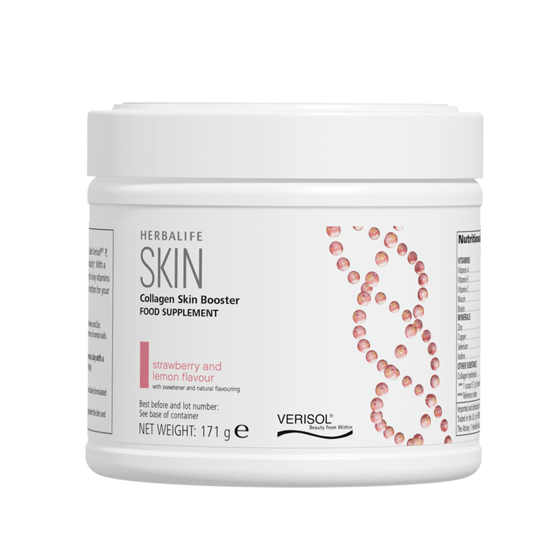 Collagen SKIN Booster Strawberry and Lemon 171g food supplement for healthy skin in a white container.