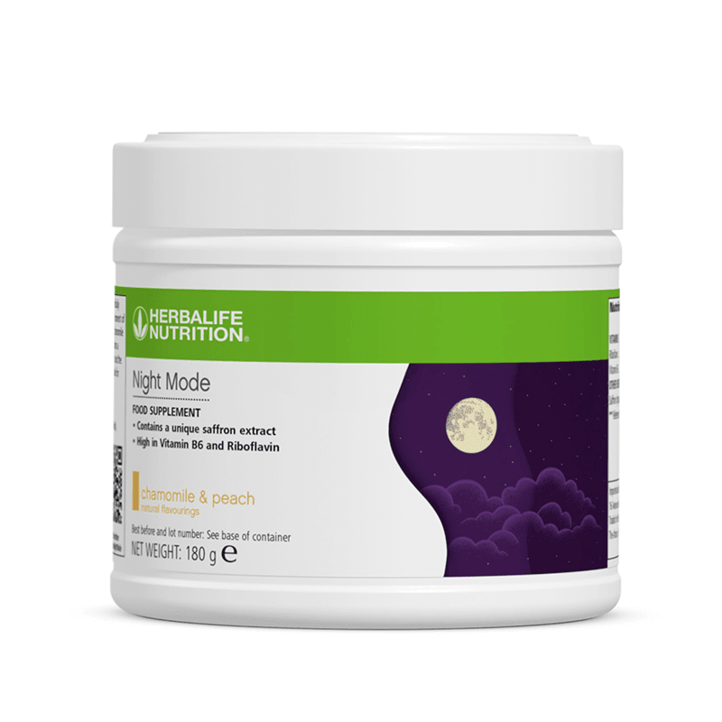 Night Mode supplement by Herbalife in chamomile and peach flavor, promoting better sleep with saffron extract, 180g.