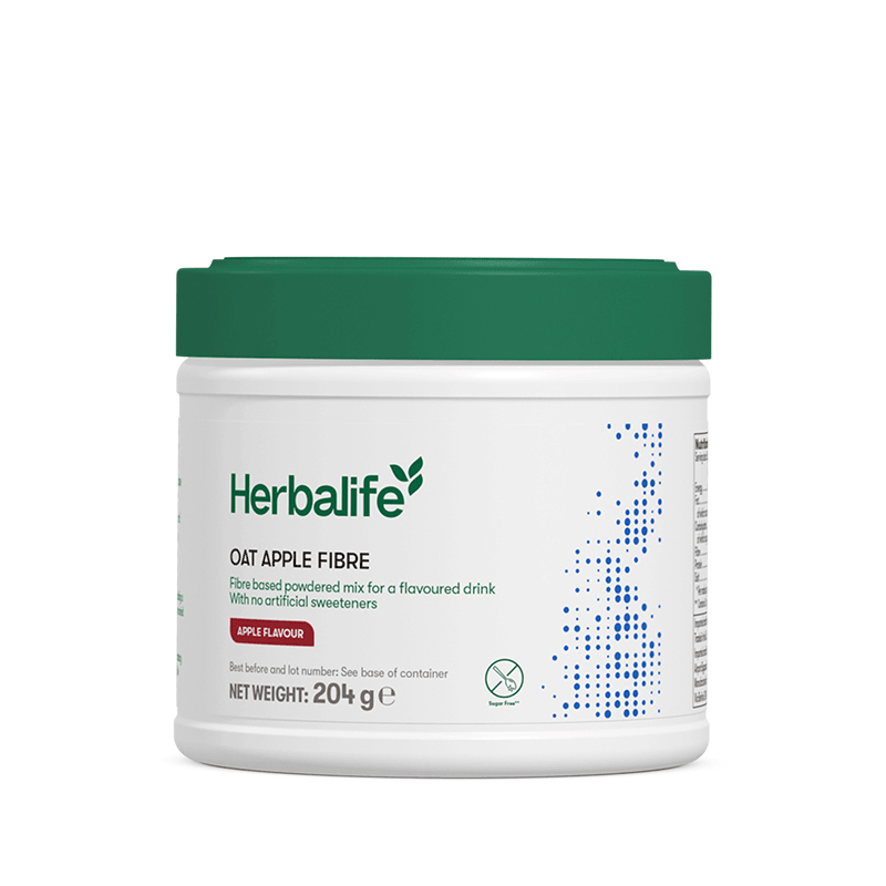 Oat Apple Fibre Drink by Herbalife in a 204g container, sugar-free, apple flavored, promotes daily fiber intake.