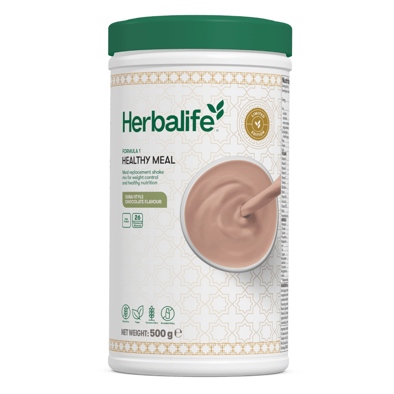 Formula 1 Healthy Meal Dubai style Chocolate Flavour meal replacement shake in a 500 g container.