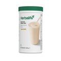Herbalife Protein Drink Mix in vanilla flavour, 588g container with creamy drink ready for consumption.
